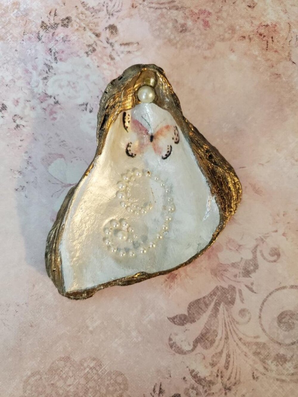 Decoupaged Oyster Shell w/Butterfly & Pearls Hand Painted Gold Trim Trinket Dish